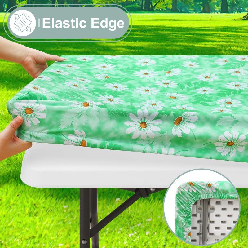 misaya Picnic Table Cover with Bench Cover  Waterproof Elastic Fitted Tablecloth for 6 Foot Tables  Rectangle Washable Polyester Tablecloths for Picnic  Camping  Outdoor (Green Daisy  30"" x 72"") - Image 3